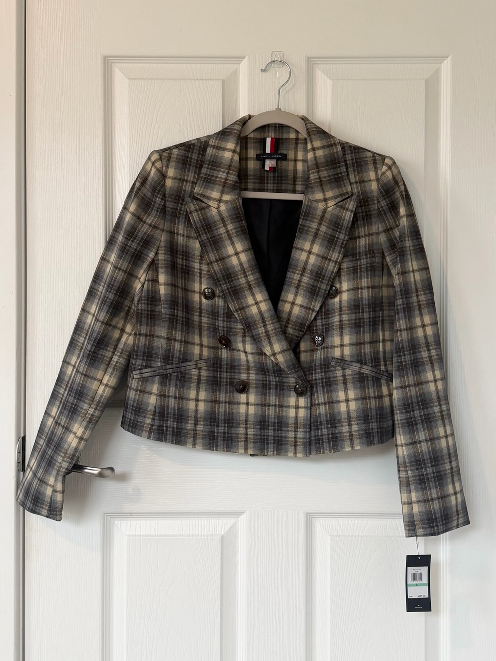 Tommy Hilfiger Neutral Plaid Cropped Blazer Jacket NWT